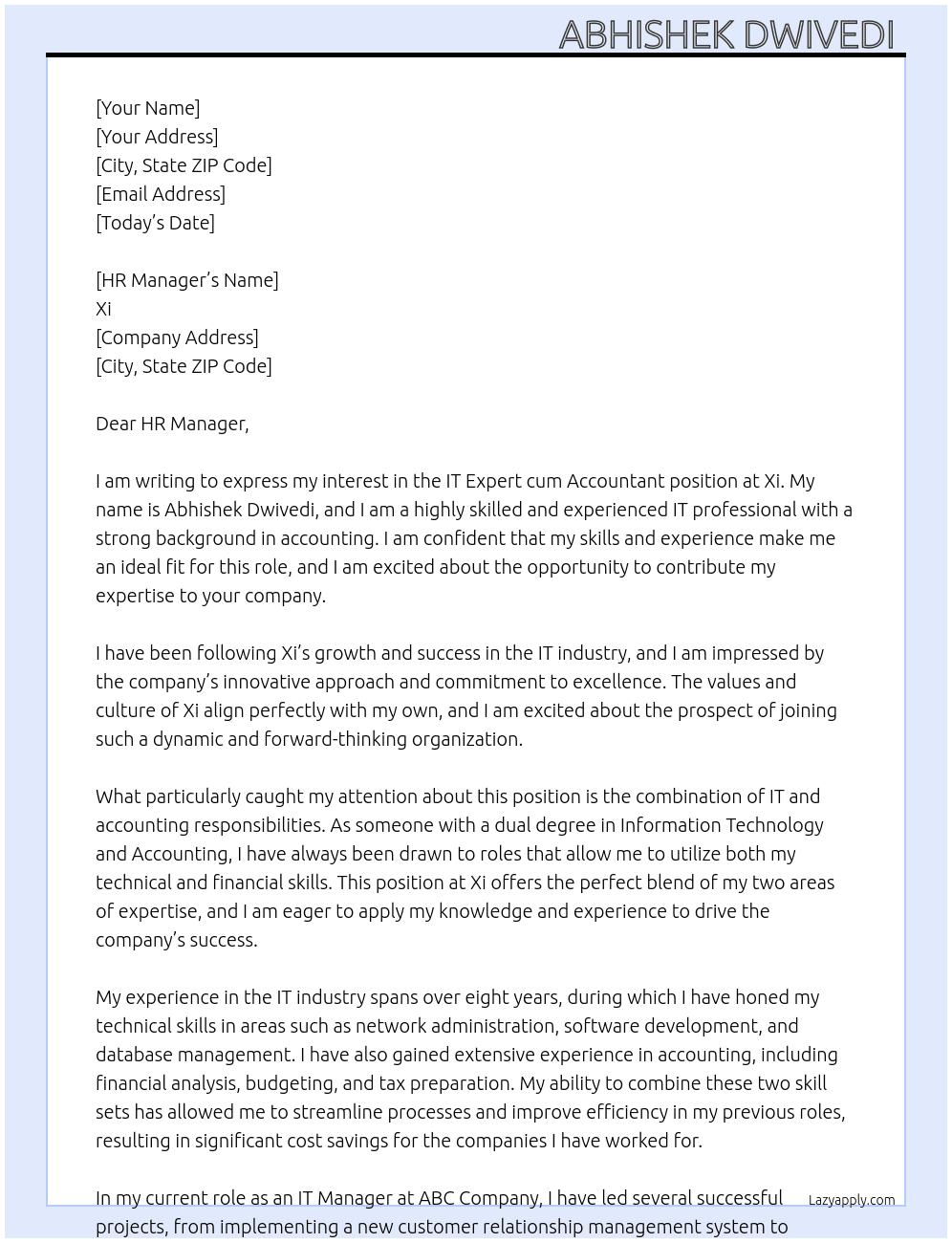 IT Expert cum Accountant  At Xi Cover Letter
