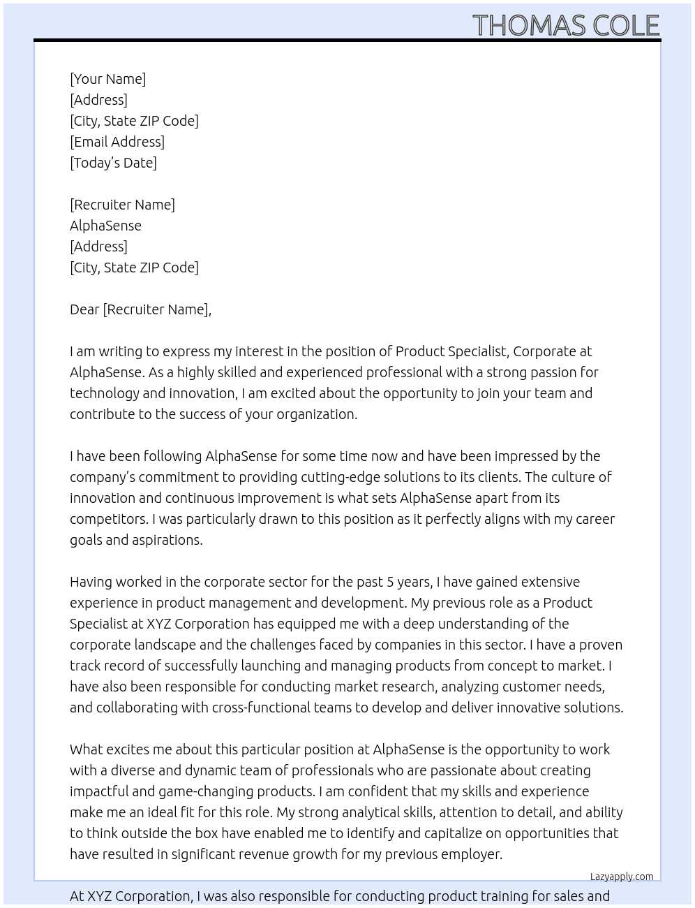 Product Specialist, Corporate At AlphaSense Cover Letter
