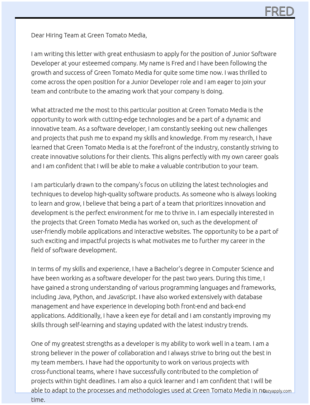 Software Developer At Green Tomato Media Cover Letter