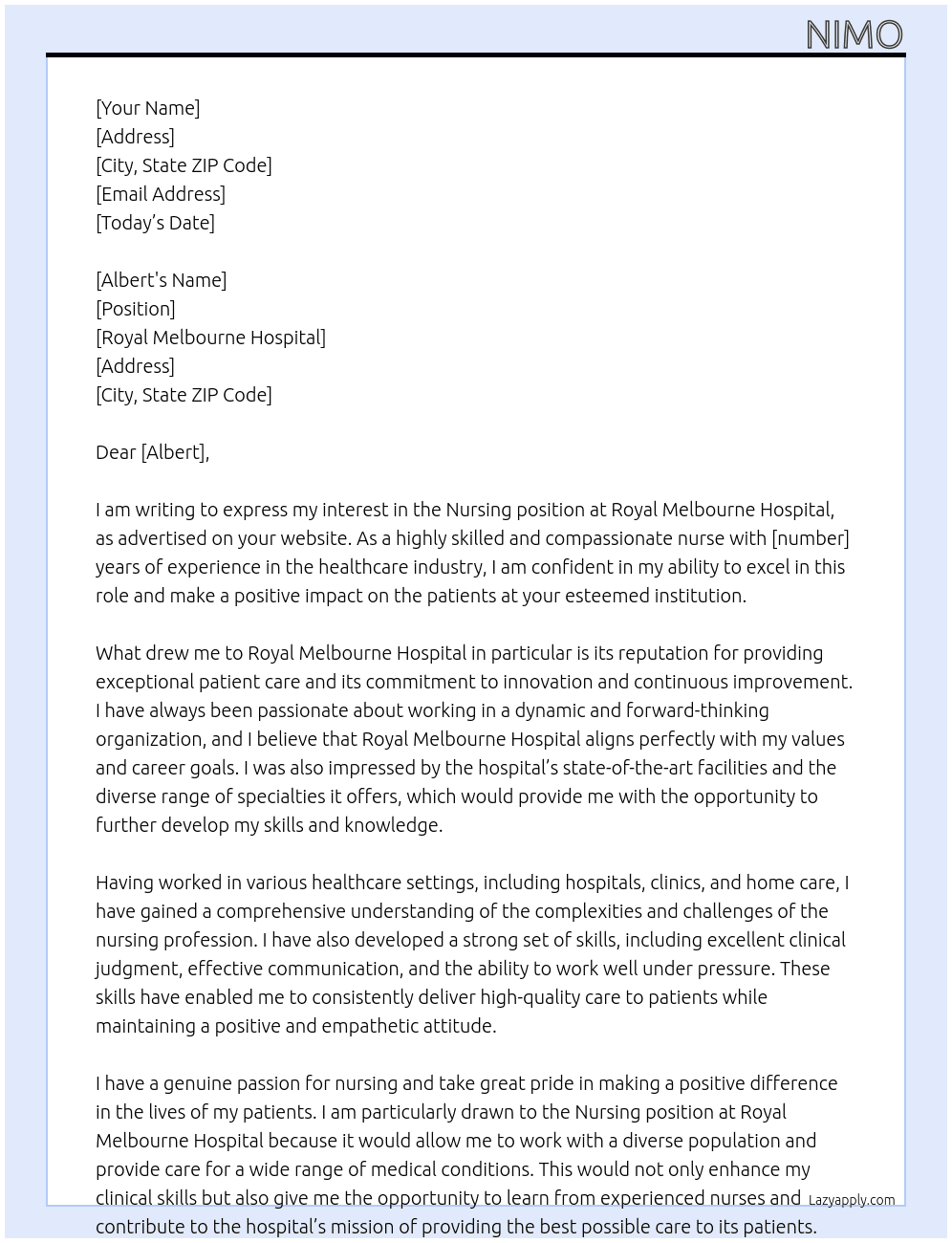 Nursing At Royal Melbourne hospital  Cover Letter