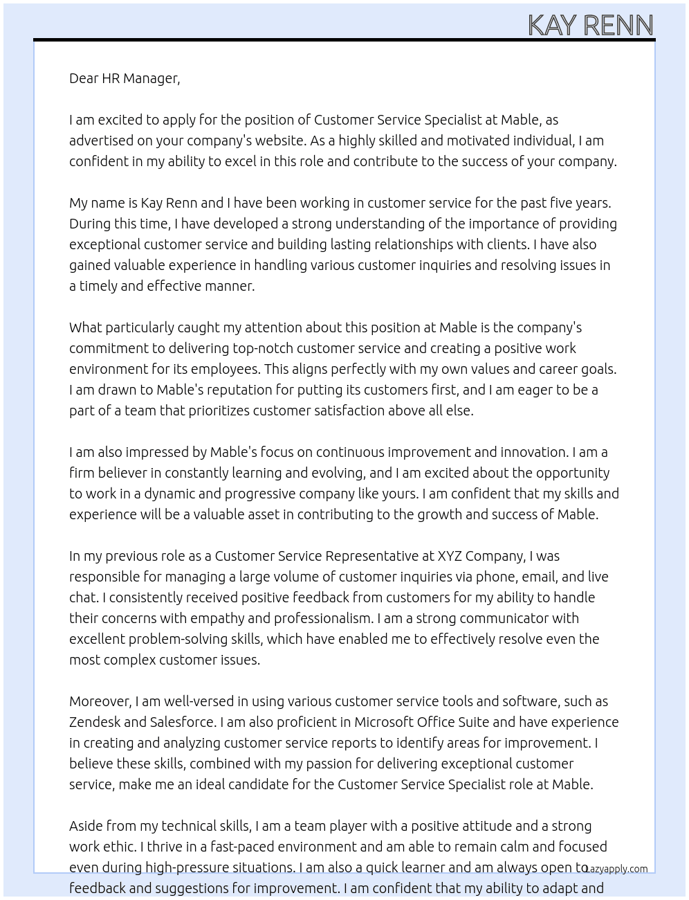 Customer Service Specialist At Mable Cover Letter