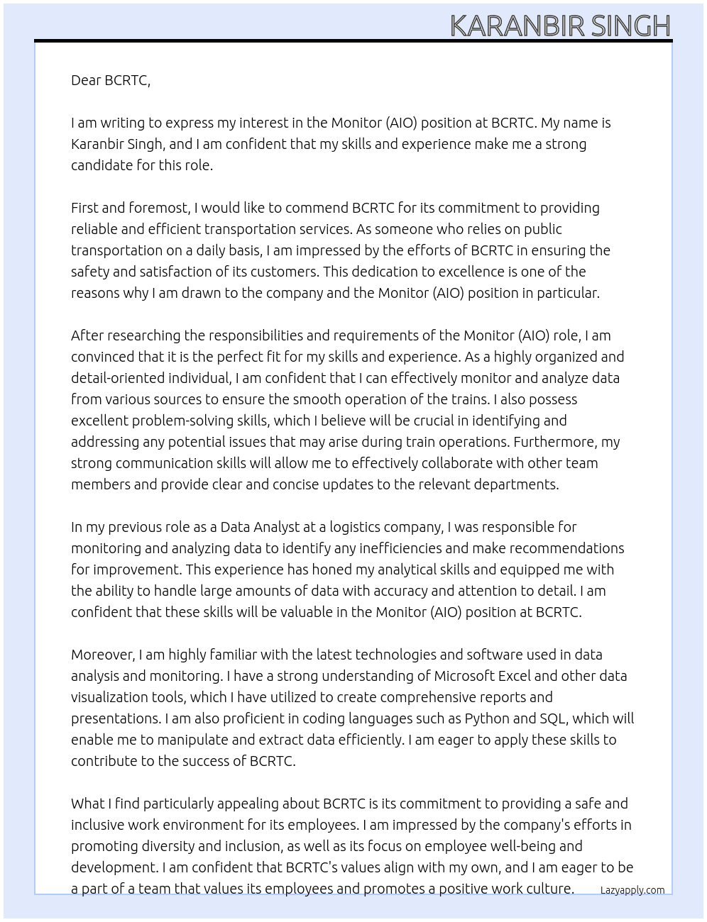 Monitor (AIO) At BCRTC Cover Letter