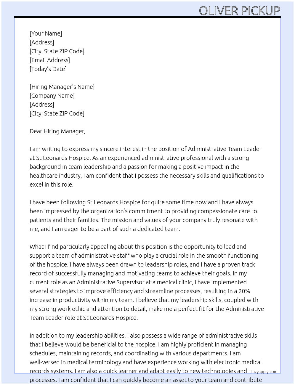 Administrative Team Leader At St Leonards Hospice Cover Letter