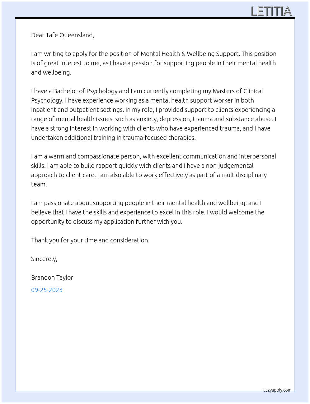 Mental Health & Wellbeing Support At Tafe Queensland Cover Letter