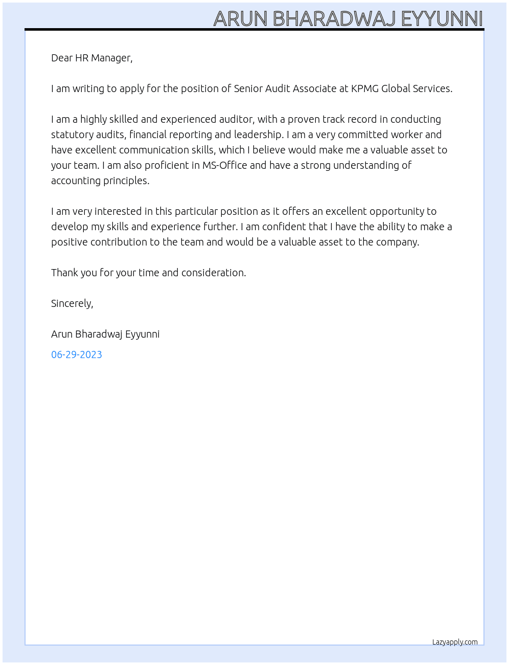 Senior Audit Associate At KPMG Global Services Cover Letter