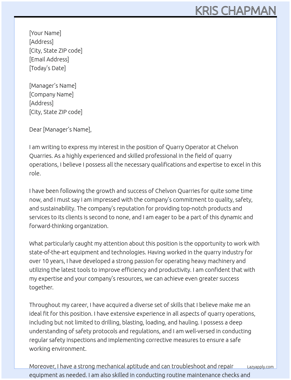 quarry operator At Chelvon Quarries Cover Letter