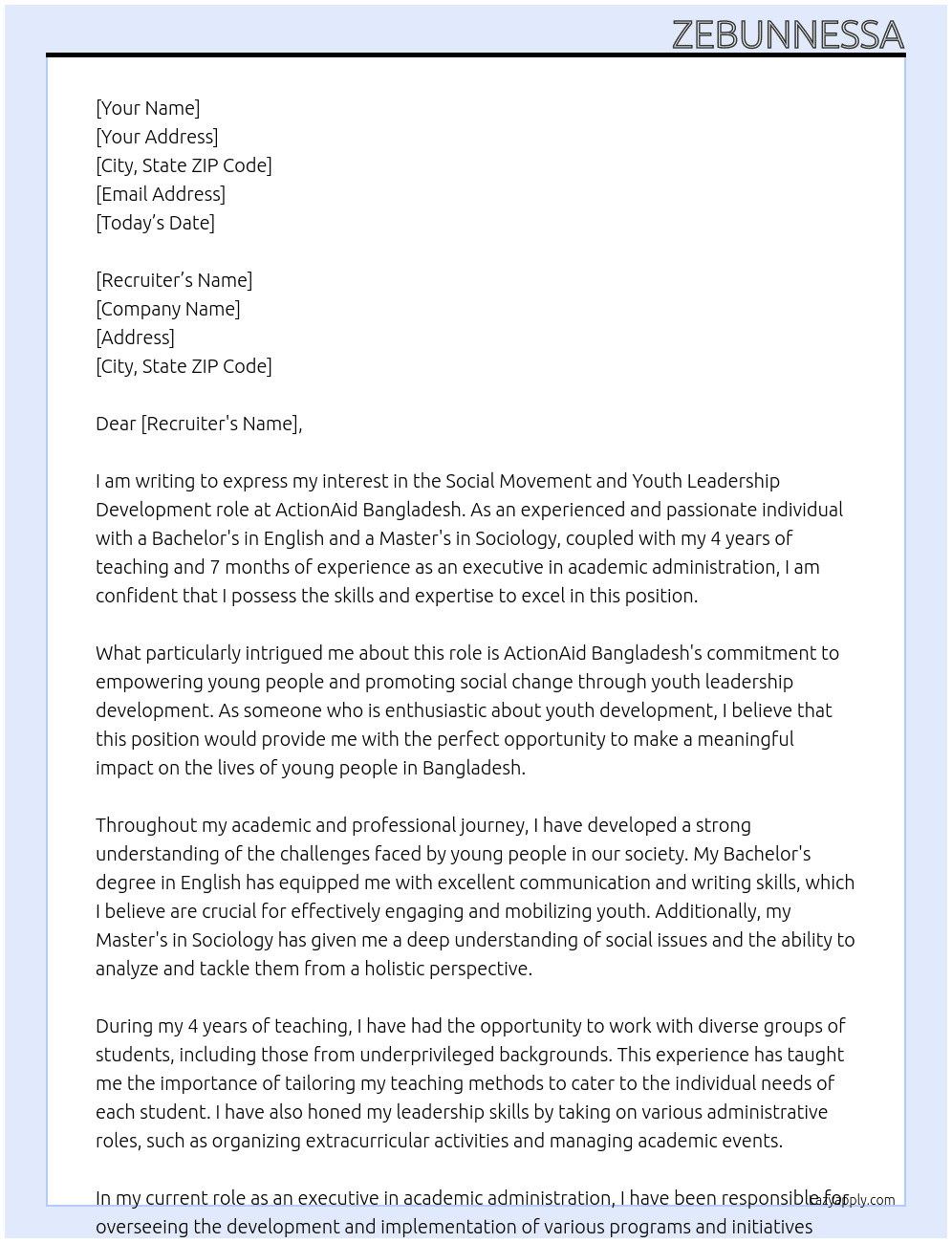 Social Movement and Youth Leadership Development   At ActionAid Bangladesh Cover Letter