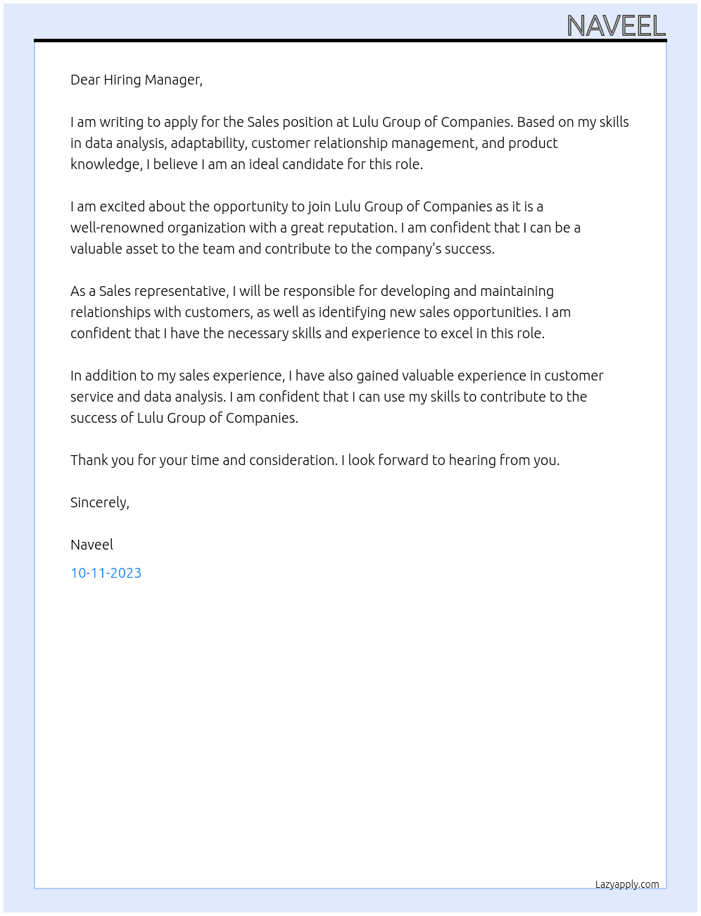 SALES At LULU GROUP OF COMPANIES Cover Letter