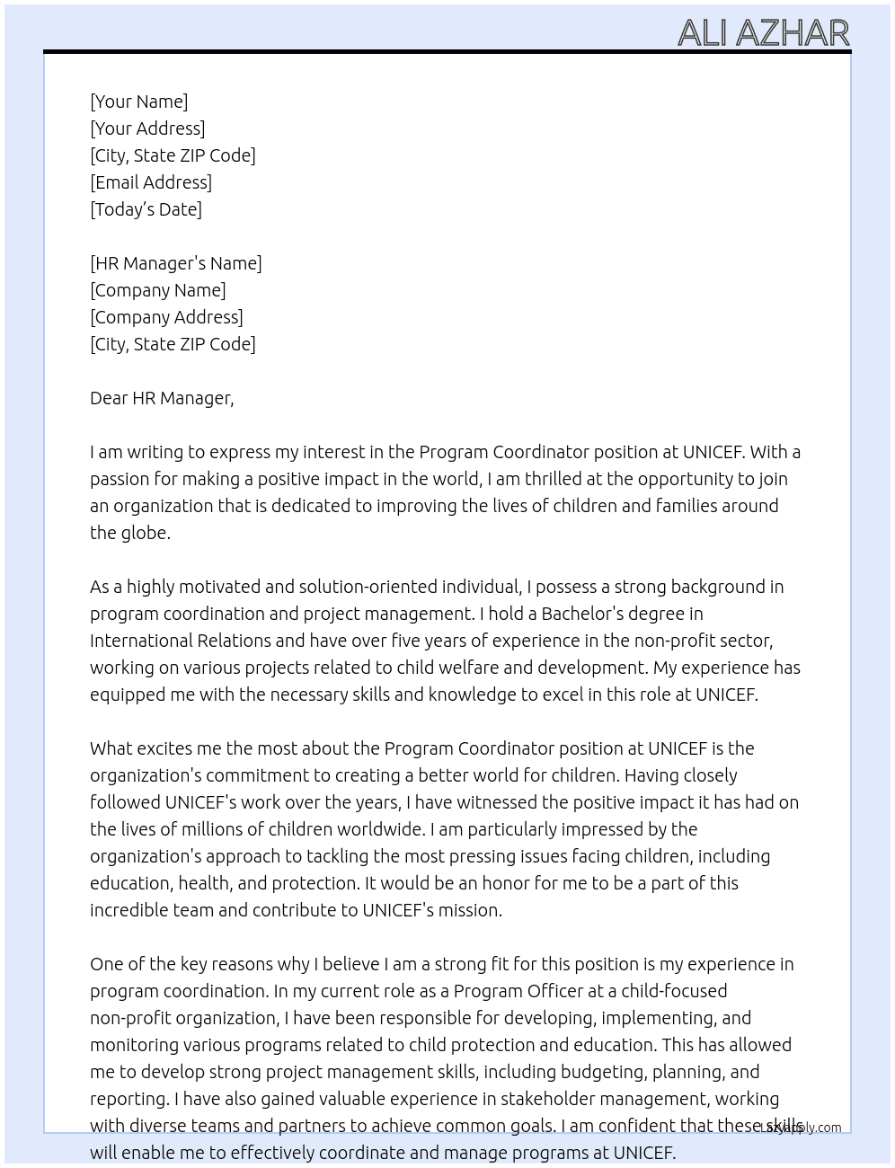 Program coordinator  At Unicef  Cover Letter