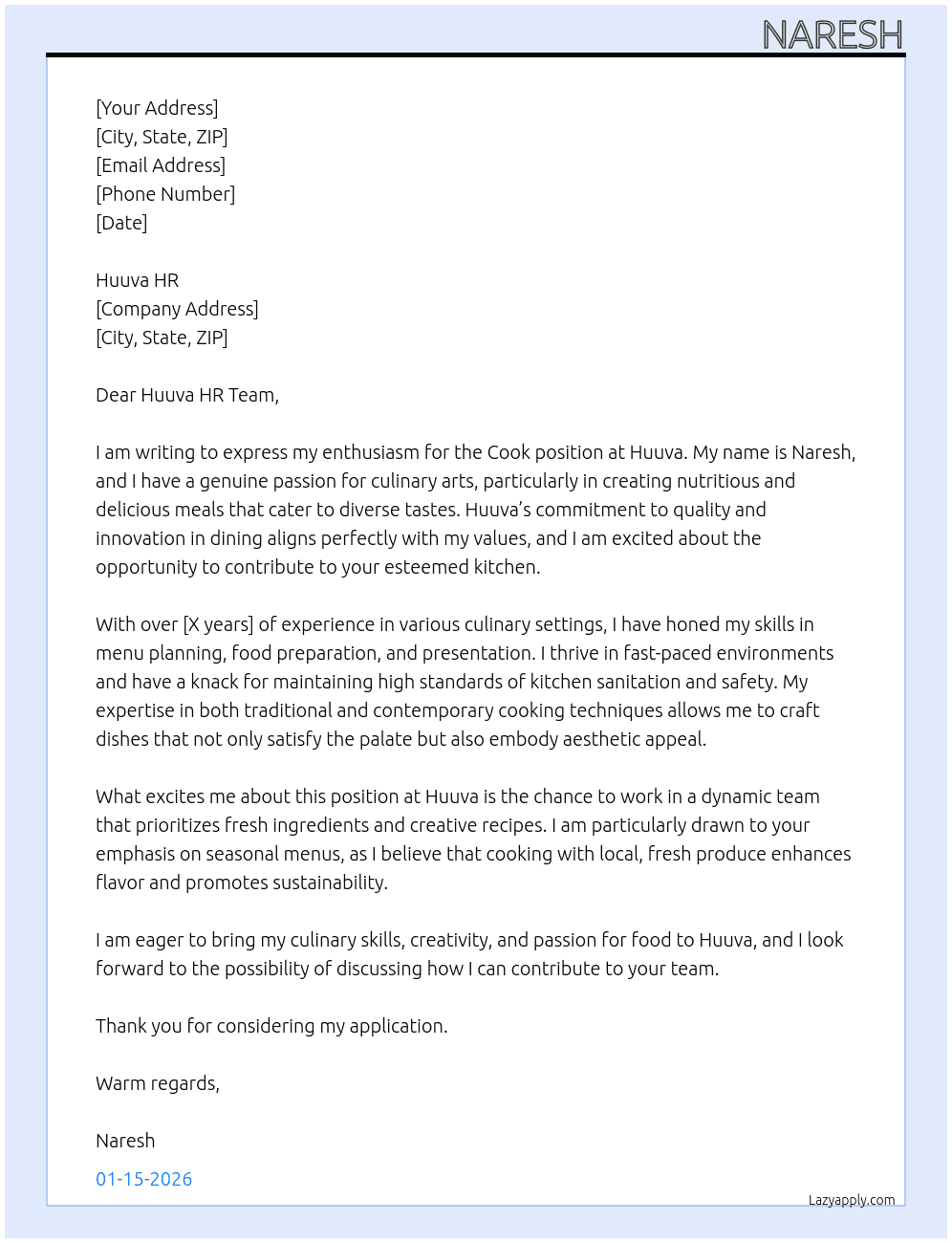 cook At huuva Cover Letter