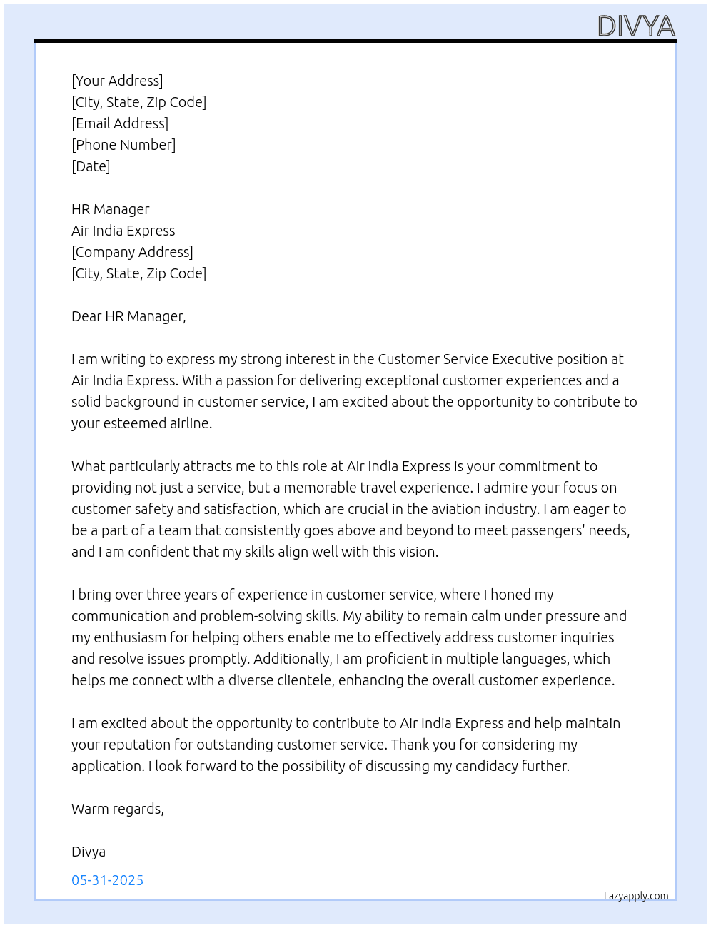 Customer service executive  At Air india express Cover Letter