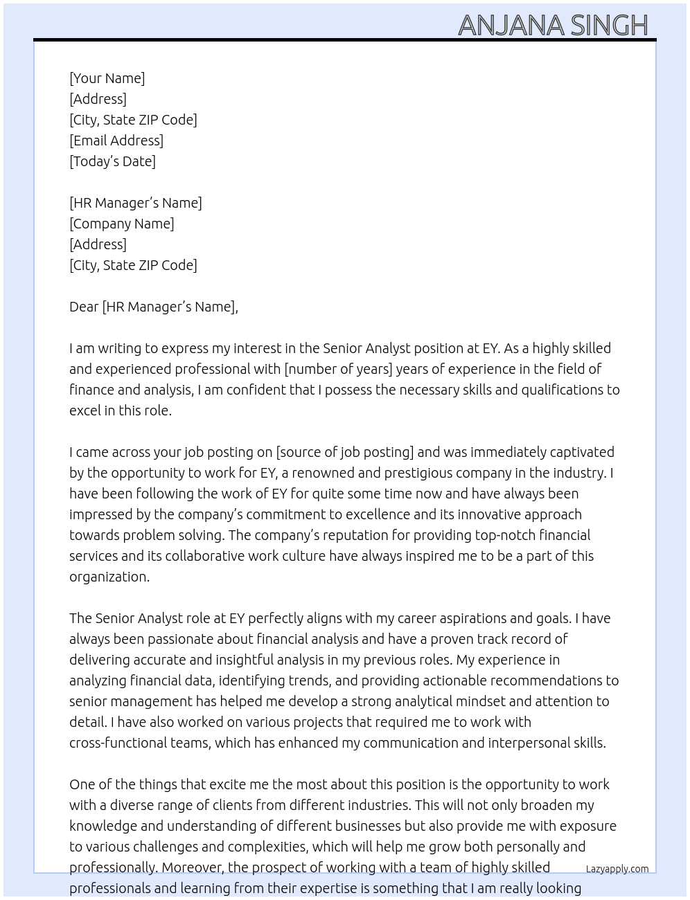 Senior analyst  At EY Cover Letter