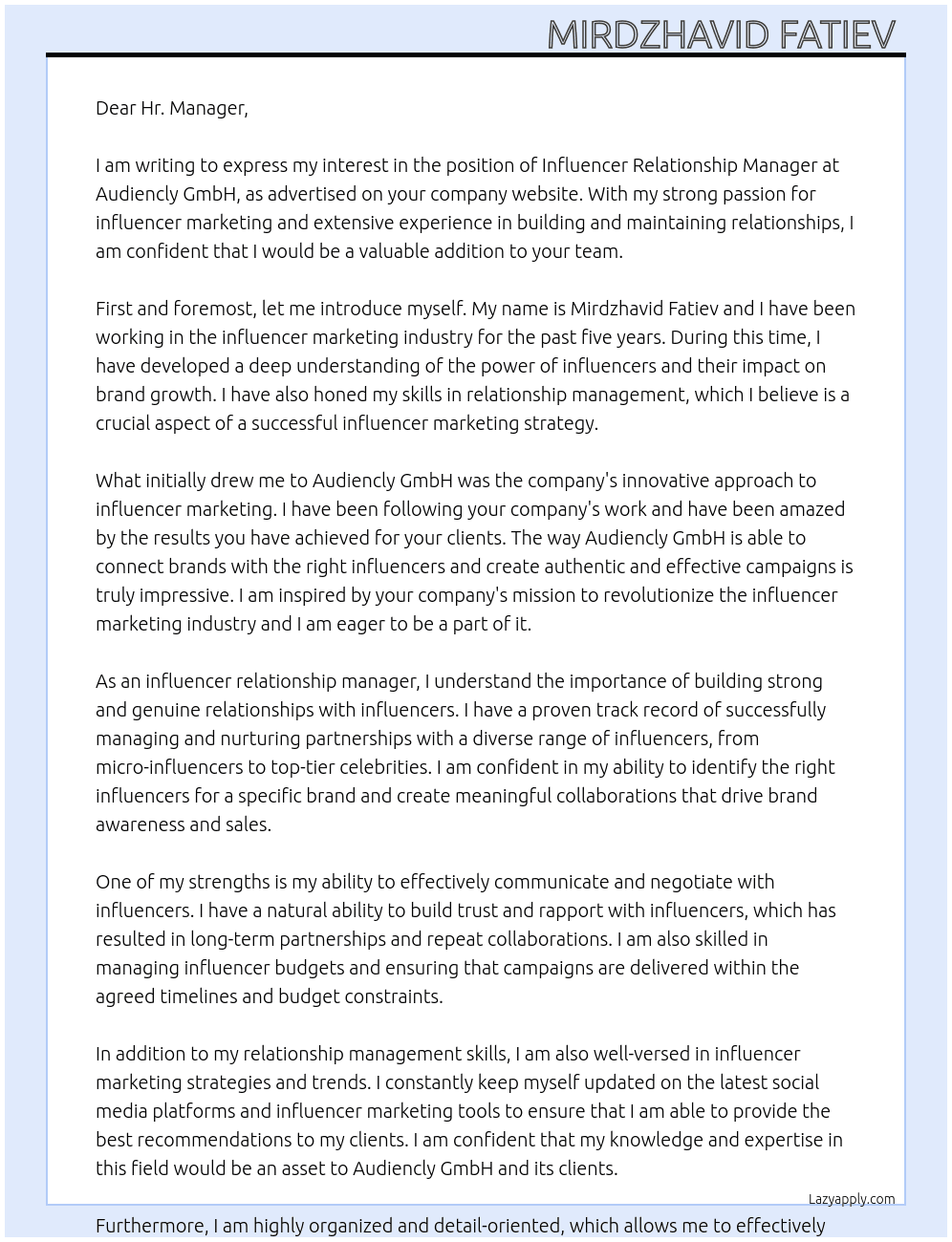 Influencer relationship manager At Audiencly GmbH Cover Letter