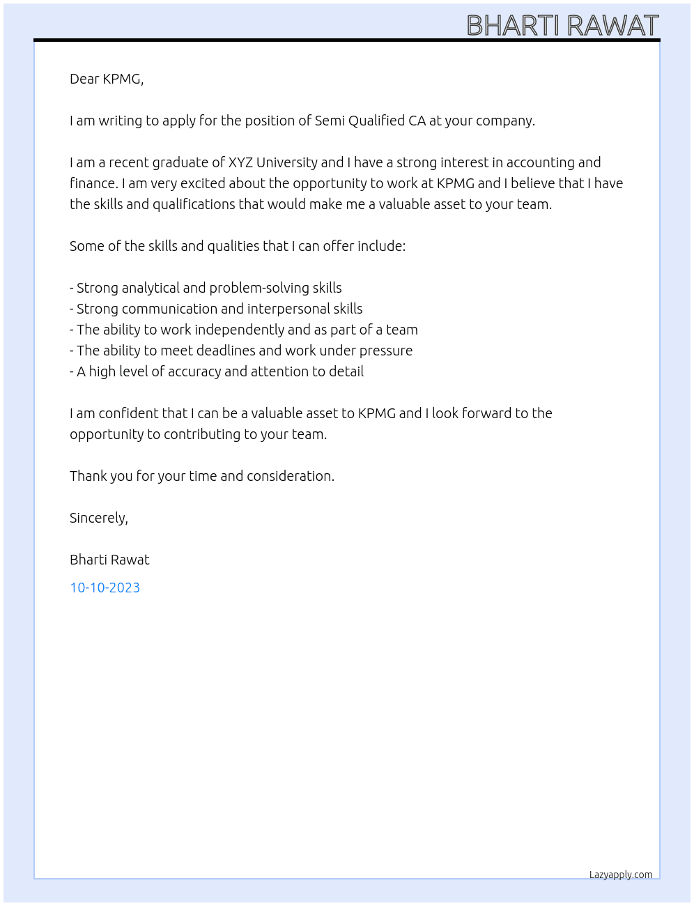 Semi Qualified CA At KPMG Cover Letter