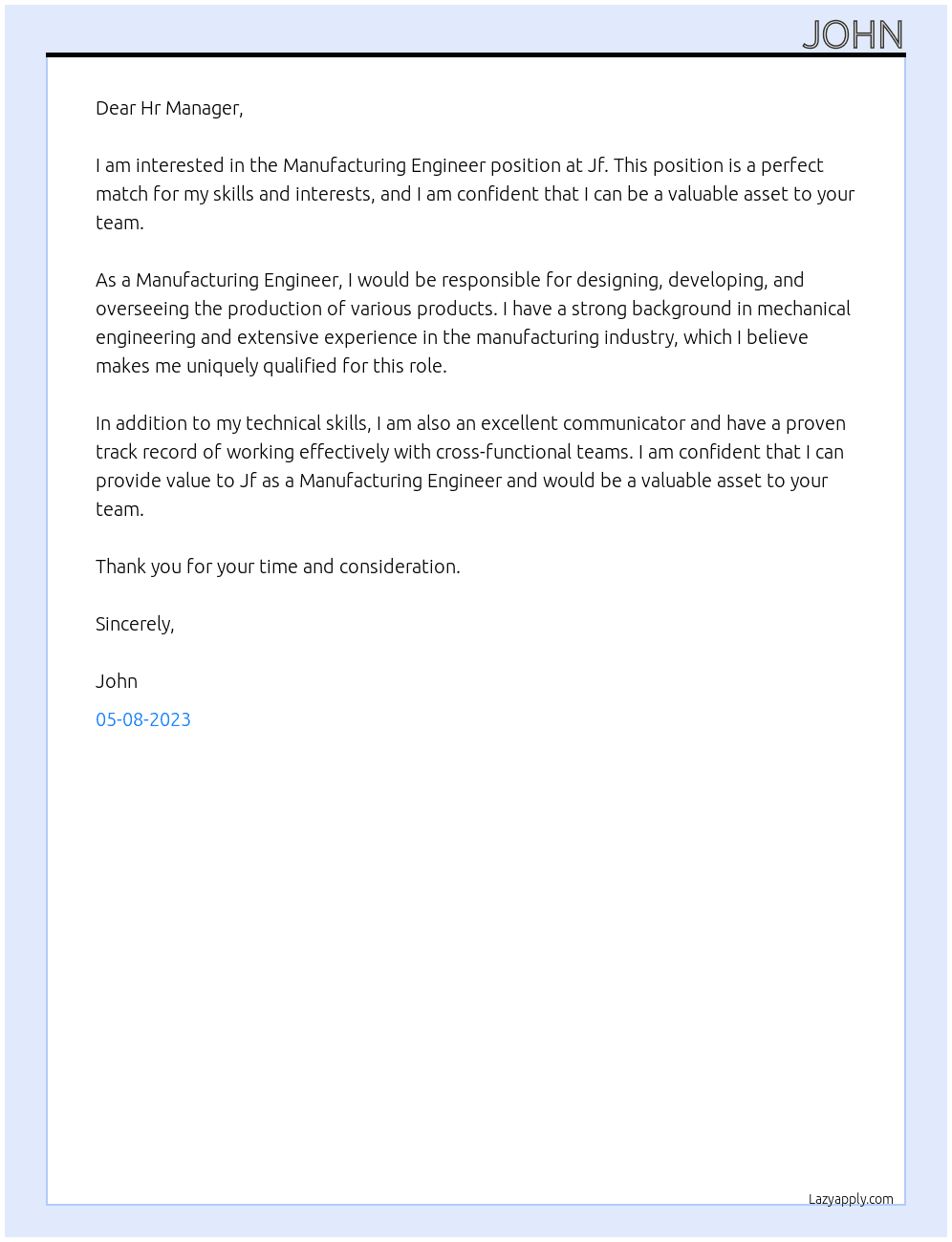 Manufacturing Engineer At Jf Cover Letter