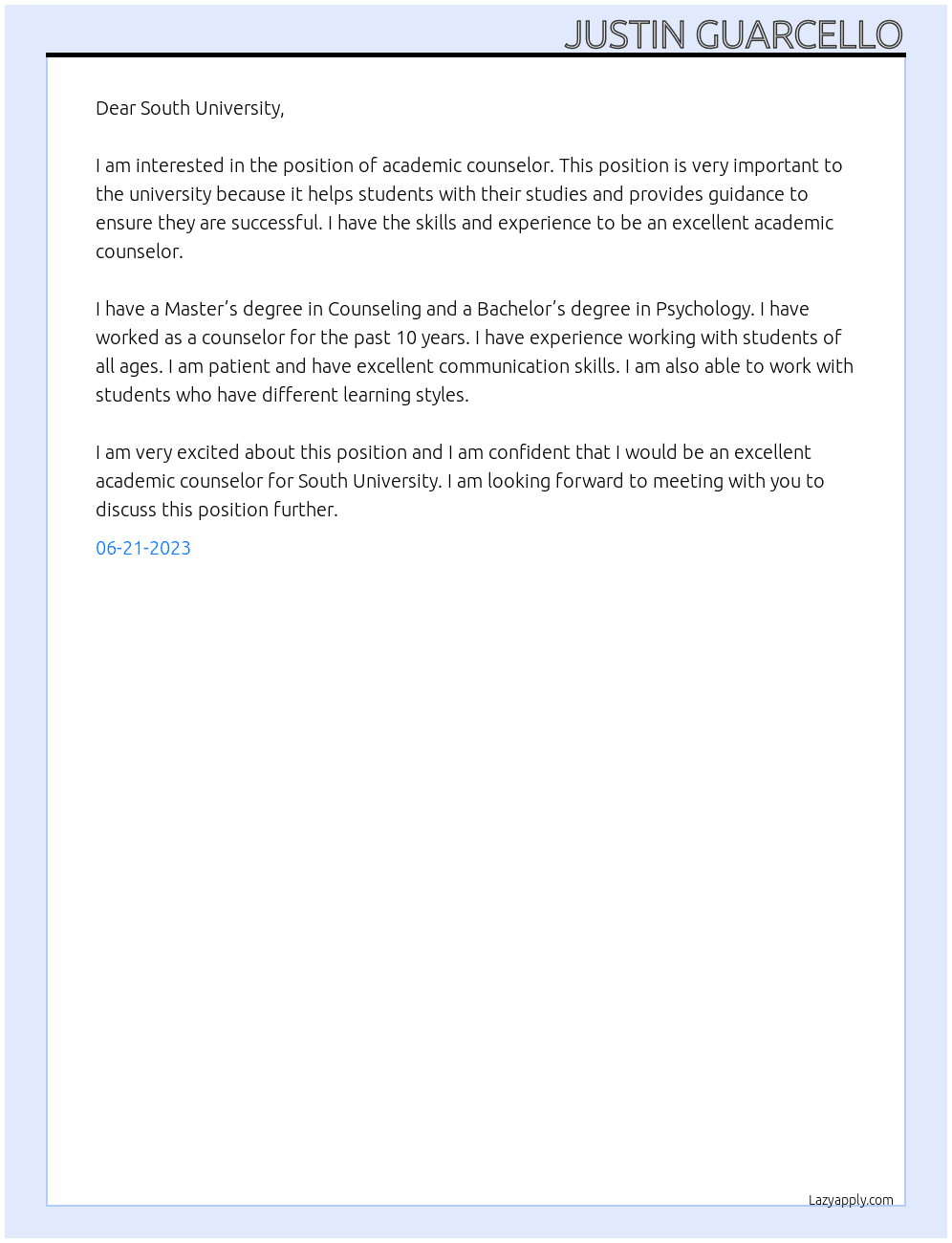 Academic Counselor  At South University  Cover Letter