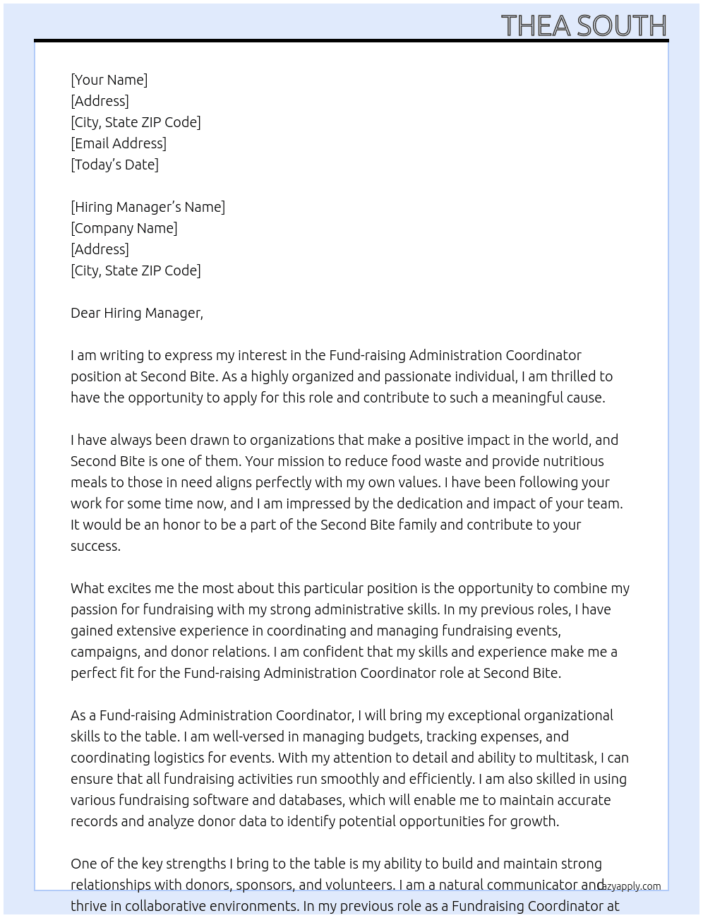 Cover letter for fund-raising administration coordinator - LazyApply