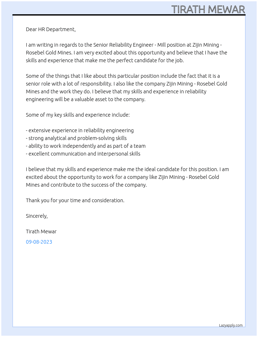 Senior Reliability Engineer - Mill At Zijin Mining - Rosebel Gold Mines Cover Letter