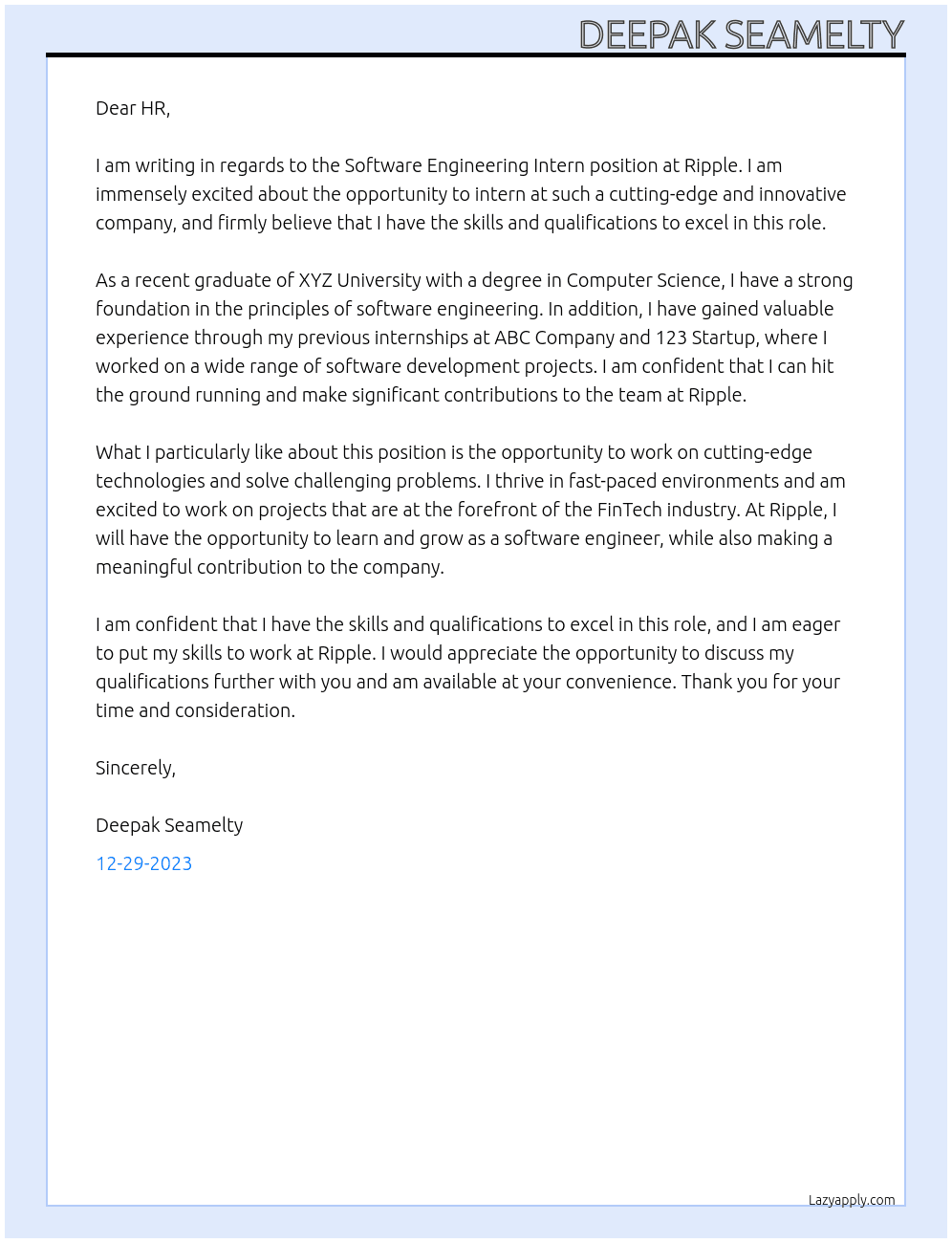 Software Engineering Intern At Ripple Cover Letter