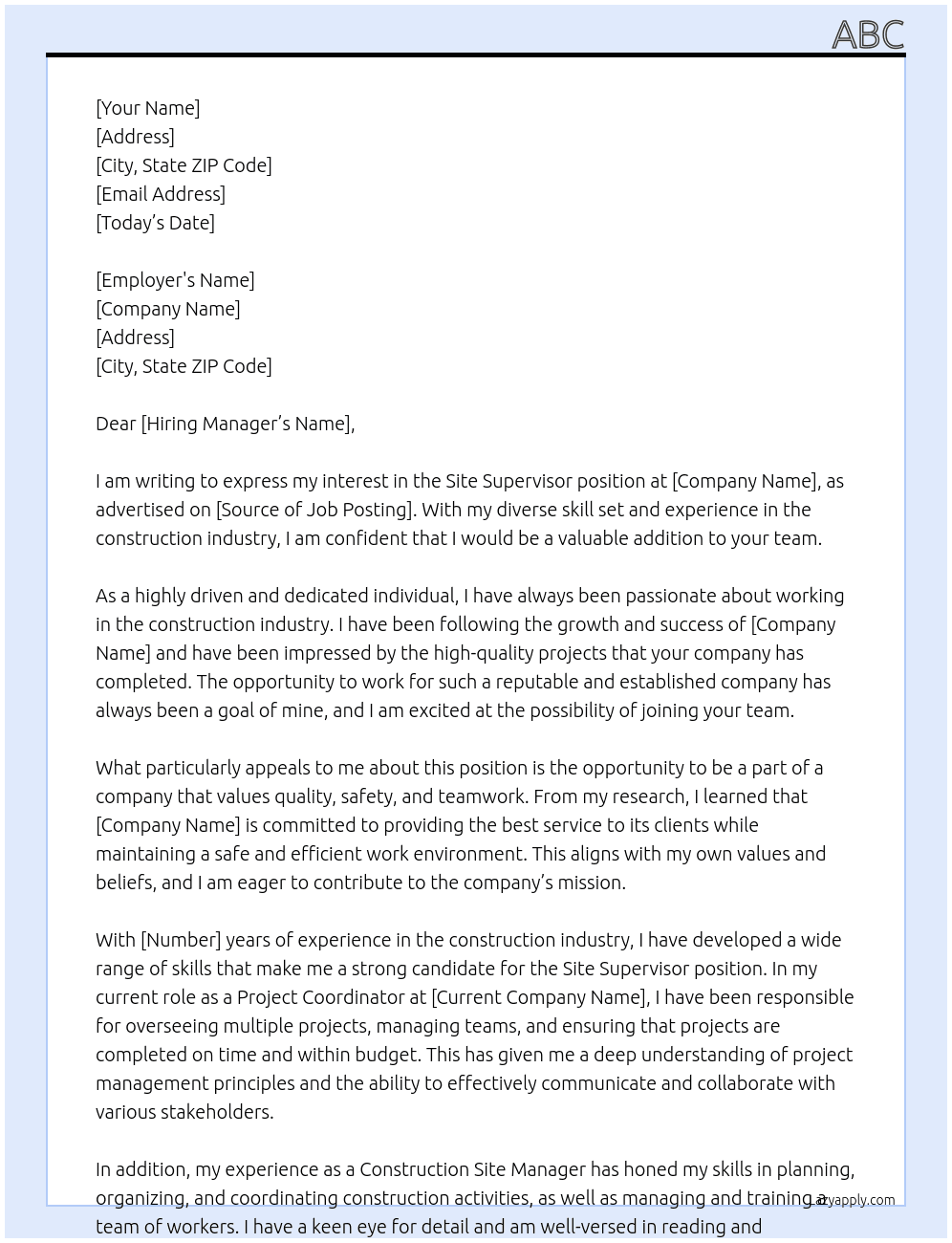 Site supervisor  At Abc Cover Letter