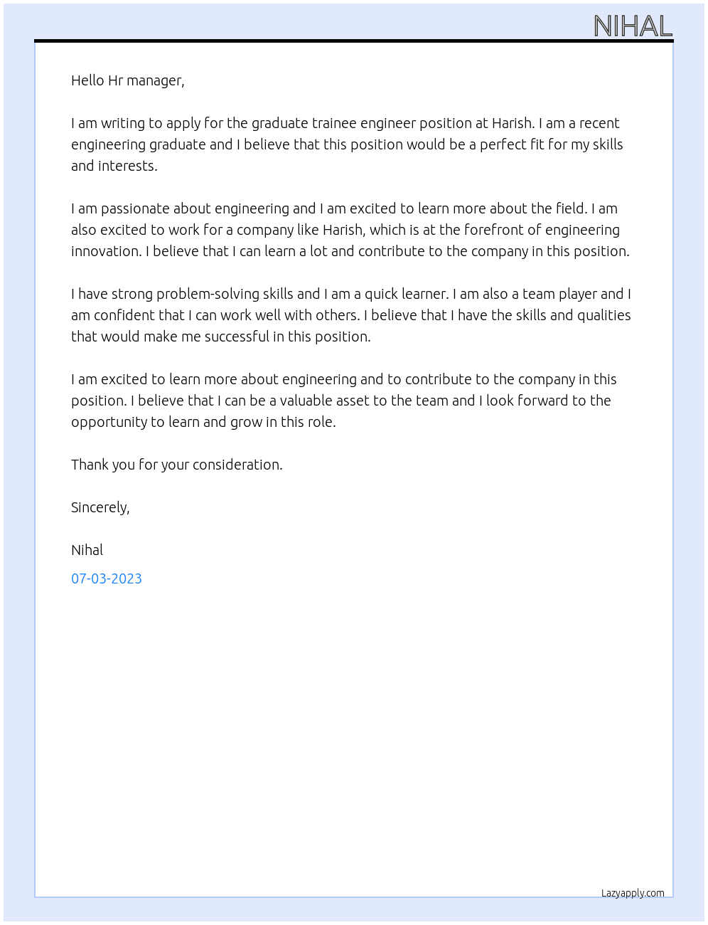 Graduate trainee engineer At Harish Cover Letter