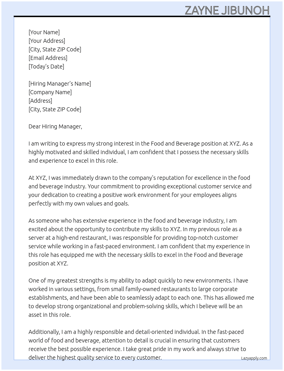Food and Beverage At XYZ Cover Letter