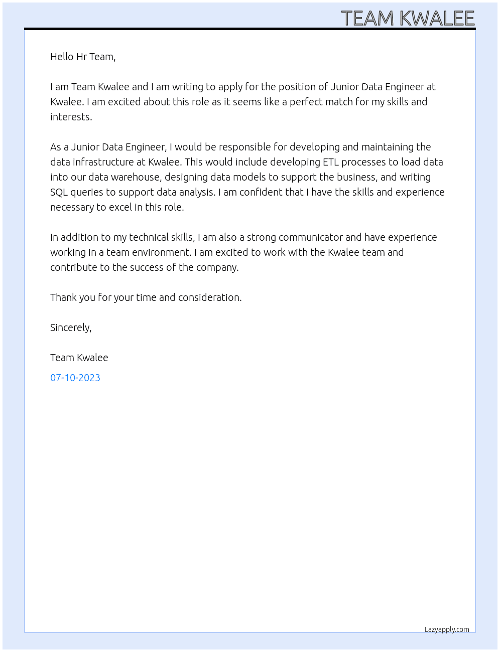 Junior Data Engineer  At Kwalee Cover Letter