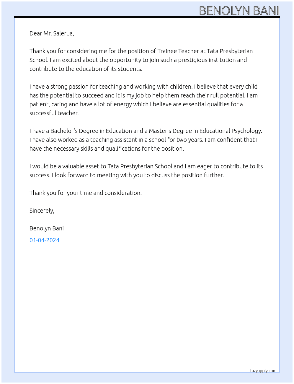 Trainee Teacher At Tata Presbyterian School Cover Letter