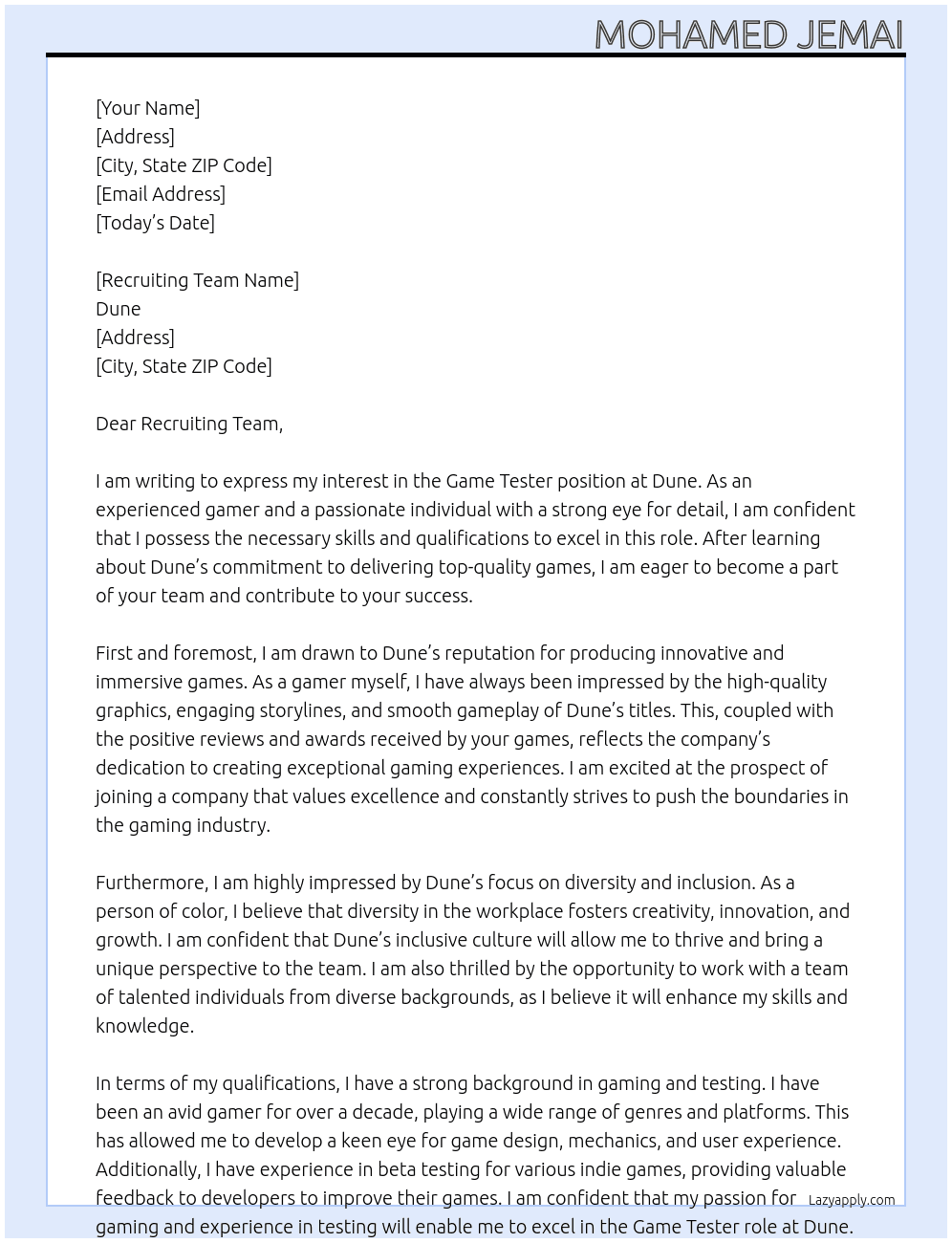 Game Tester At Dune Cover Letter