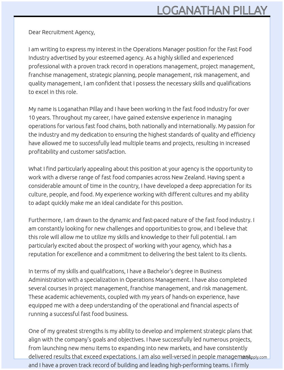 Operations Manager Fast Food Industry  At Recruitment agency Cover Letter