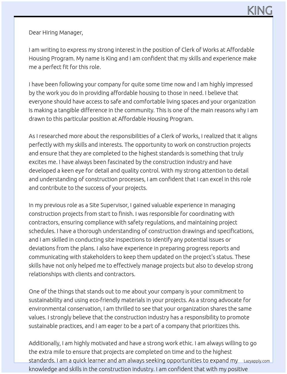 clerk of works At Affordable Housing Program Cover Letter