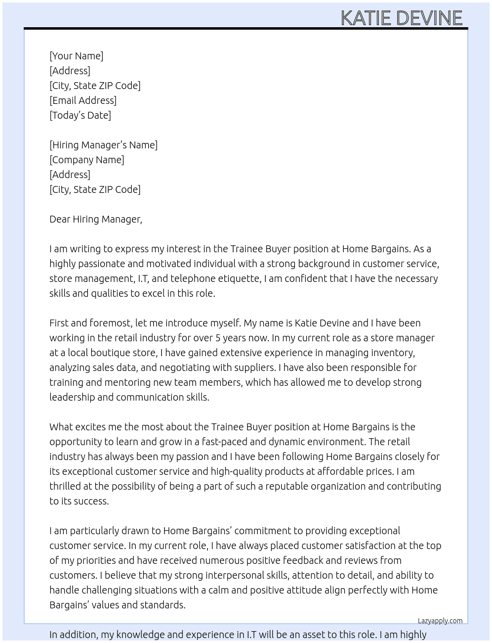 Trainee buyer  At Home Bargains  Cover Letter