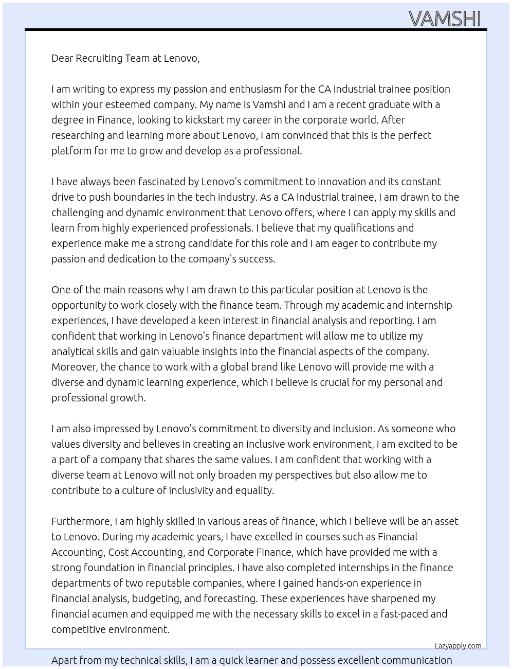 CA industrial trainee  At Lenovo Cover Letter