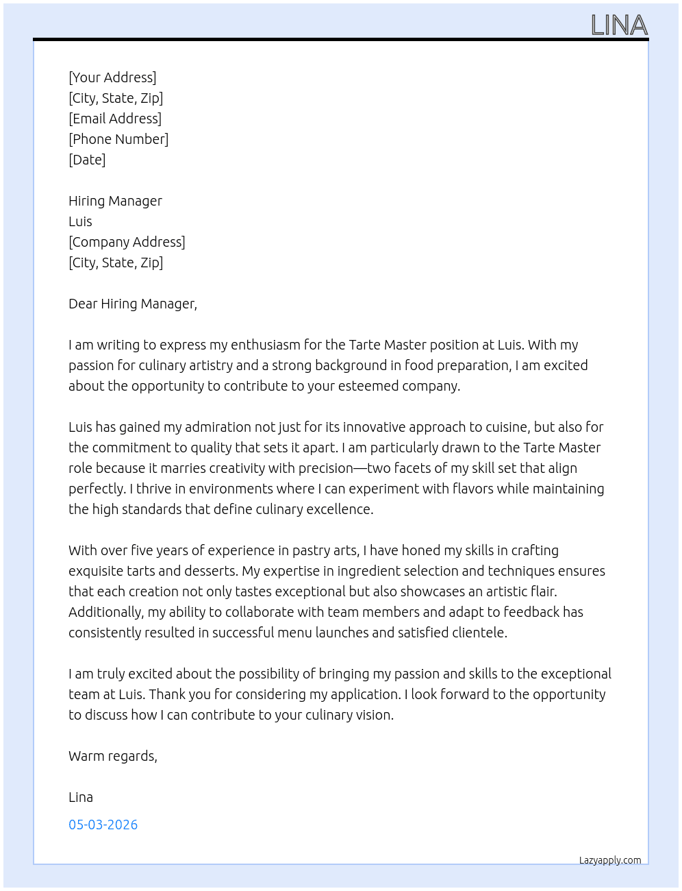 Cover letter for tarte master - LazyApply