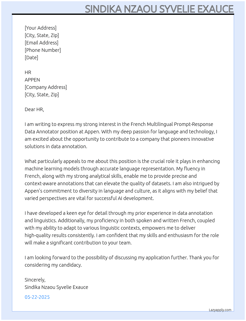 Cover letter for french multilingual prompt-response data annotator - LazyApply