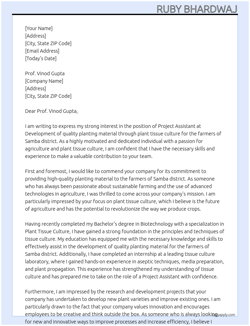 Project Assistant At  Development of quality planting material through plant tissue culture for the farmers of Samba district Cover Letter