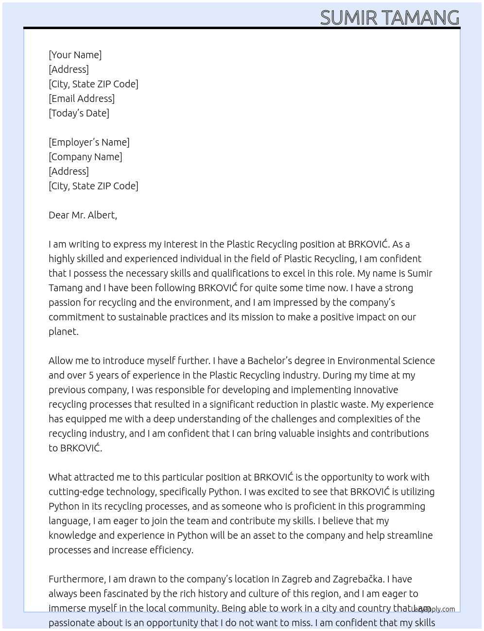 Plastic Recycling  At BRKOVIĆ Cover Letter