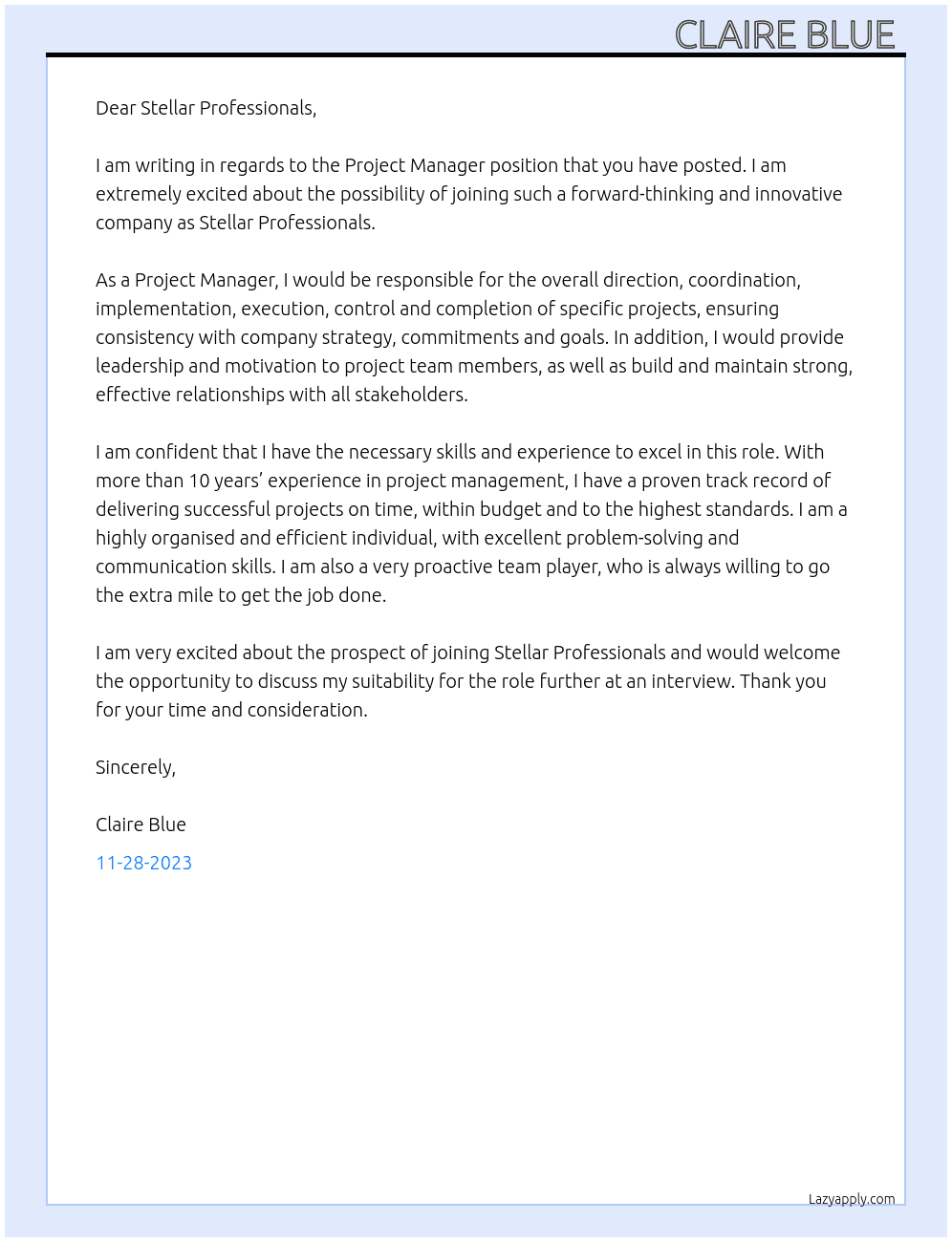 Project Manager  At Stellar Professionals Cover Letter