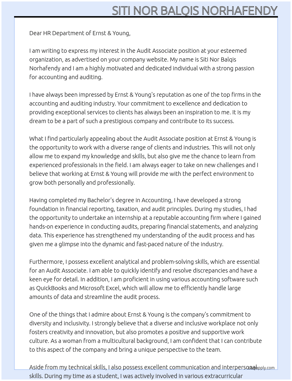 Audit Associate At Ernst & Young Cover Letter