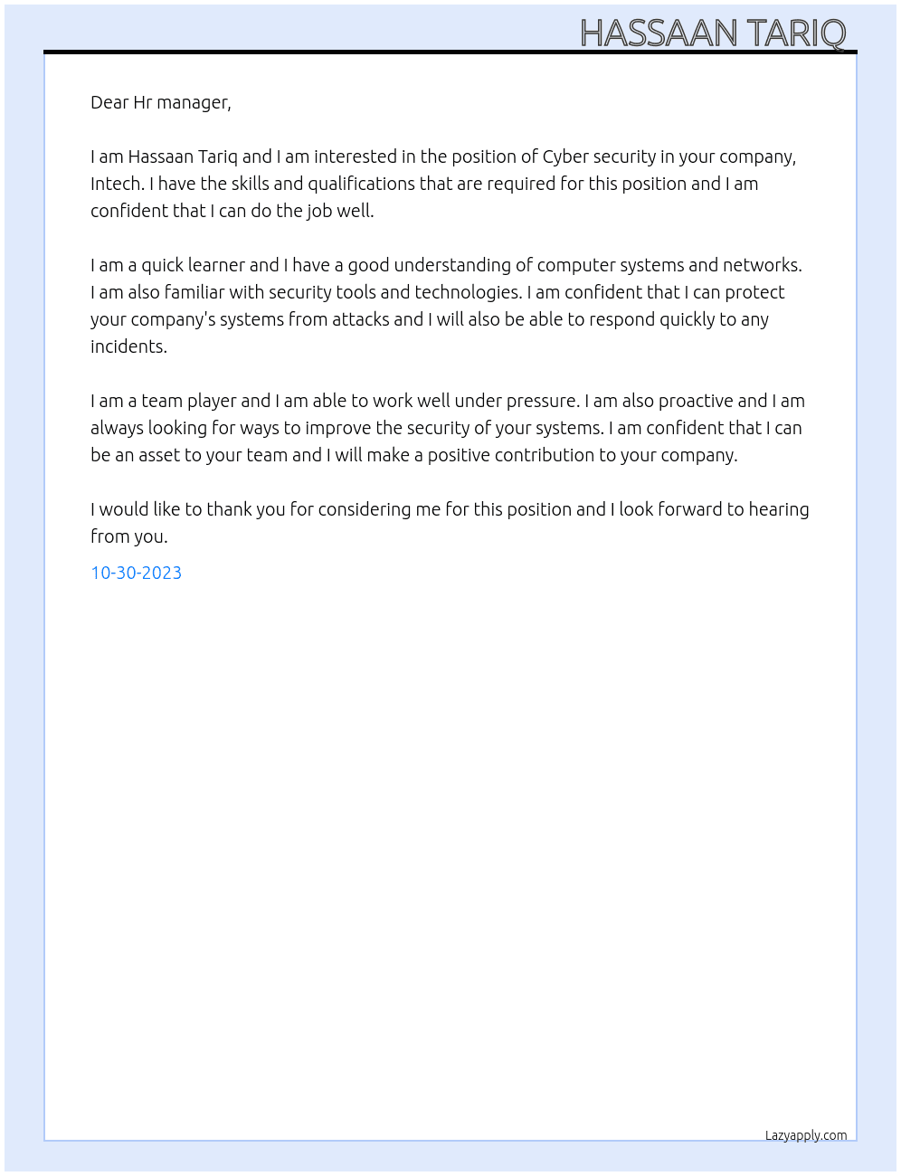 Cyber security  At Intech  Cover Letter