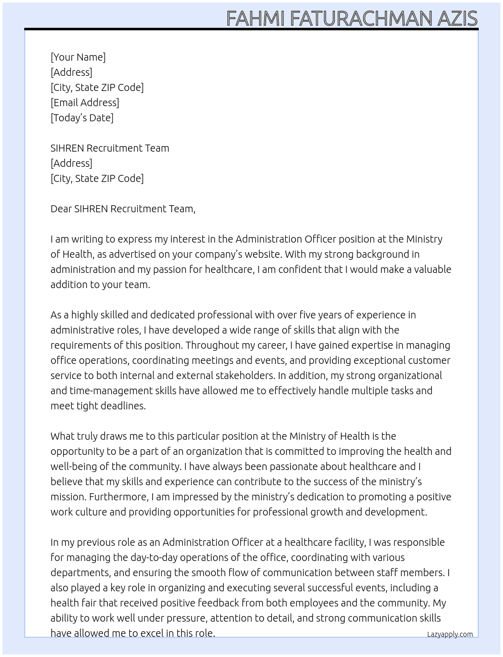 Administration Officer At Ministry of Health Cover Letter