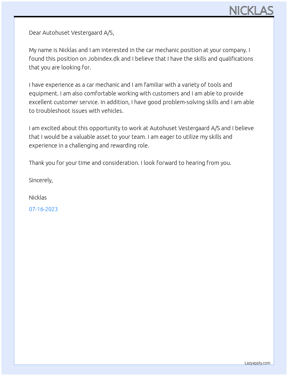 Car mechanic At Jobindex.dk Cover Letter