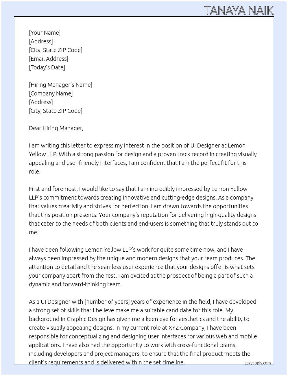 UI Designer At Lemon Yellow LLP Cover Letter
