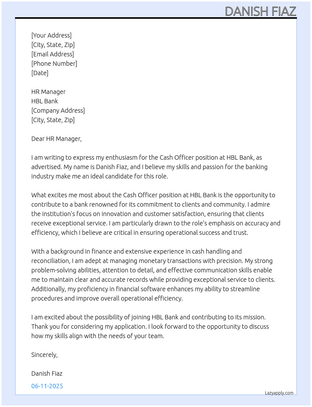 Cash Officer At HBL Bank Cover Letter