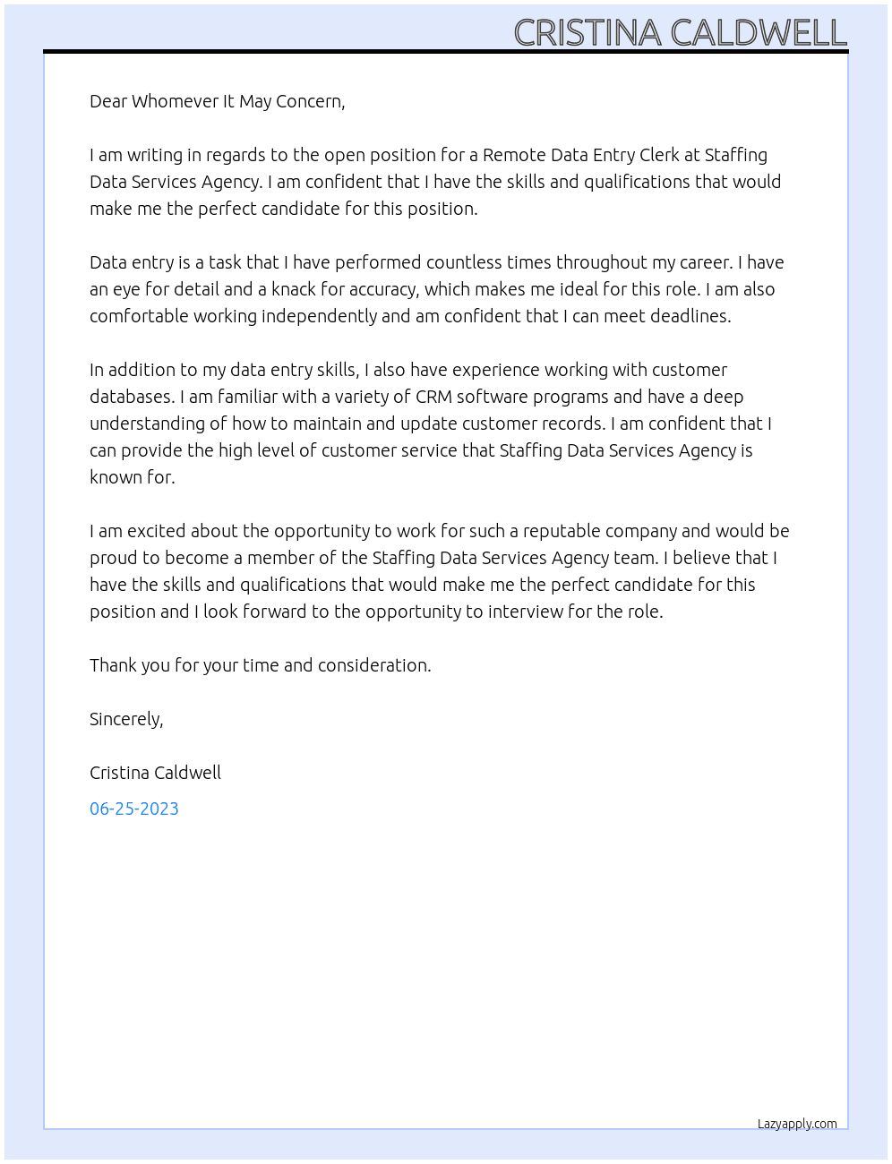 Remote Data Entry Clerk At Staffing Data Services Agency Cover Letter