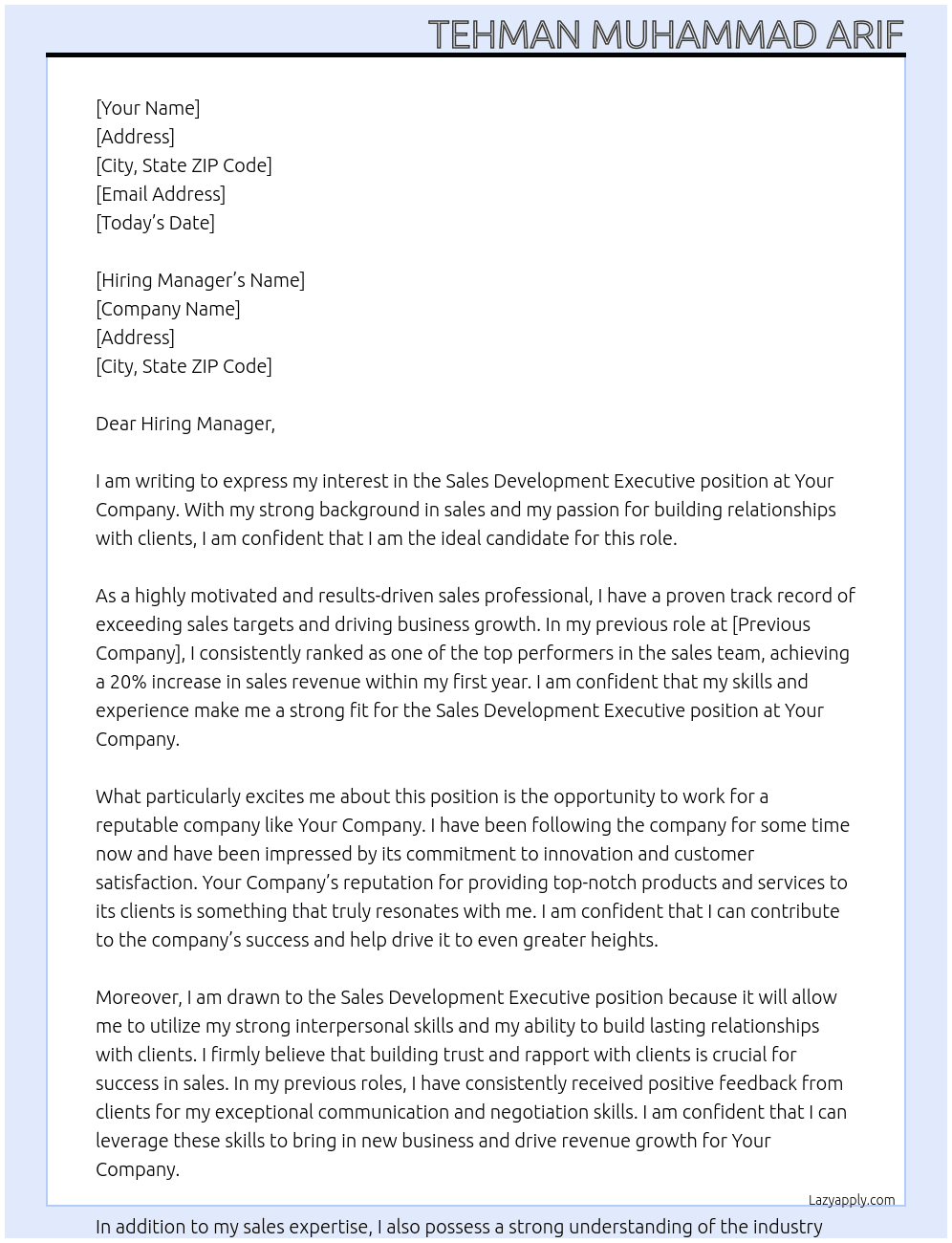 Sales Development Executive At Your Company Cover Letter
