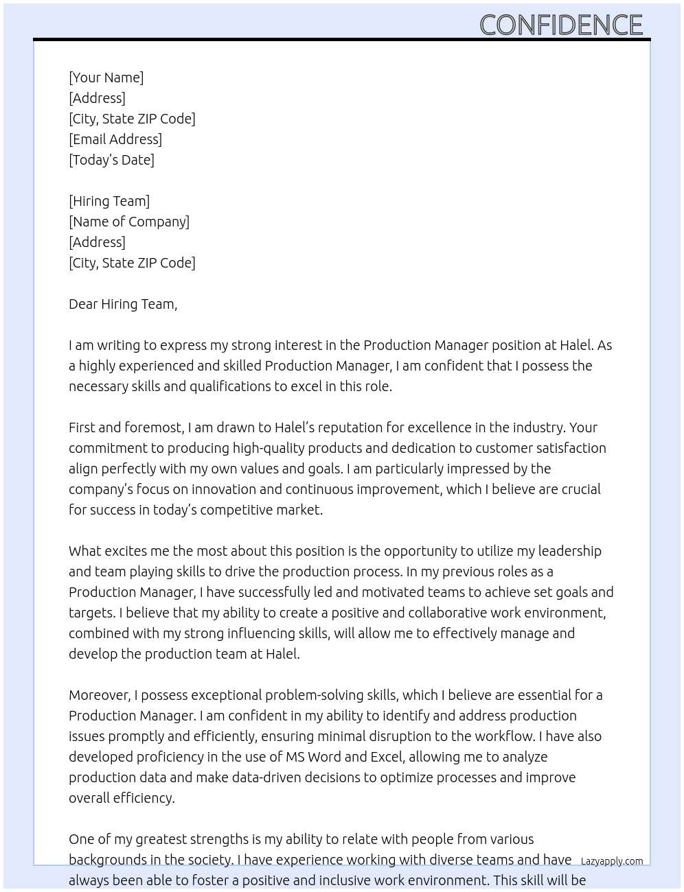Production Manager  At Halel  Cover Letter