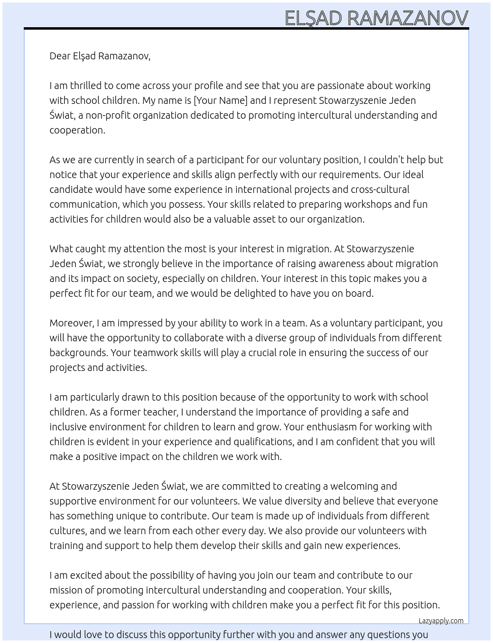 voluntary  At Stowarzyszenie Jeden Świat Cover Letter