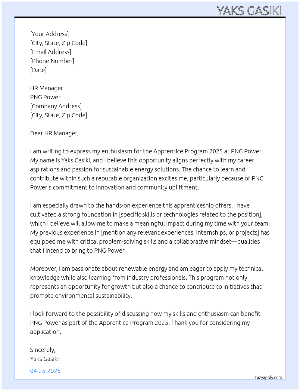 Apprentice Program 2025 At PNG Power Apprentice Program 2025 Recruitment  Cover Letter