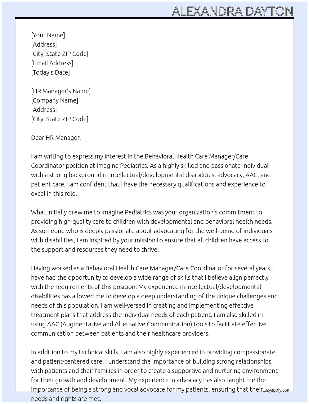 Behavioral Health Care Manager/Care Coordinator At Imagine Pediatrics Cover Letter